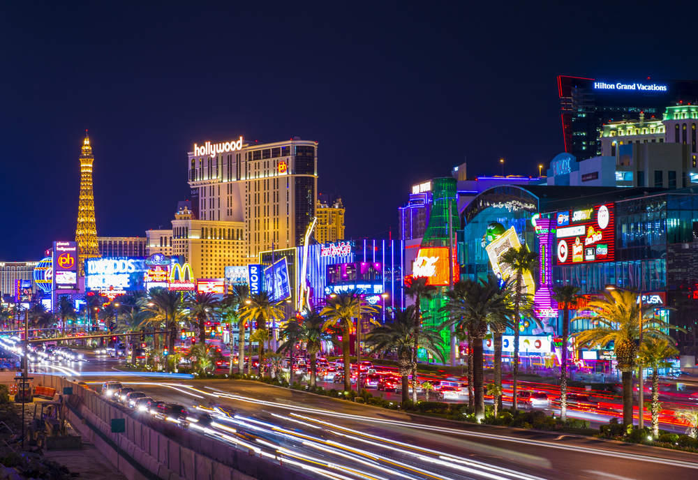 nighttime image of the illuminated Las Vegas Strip