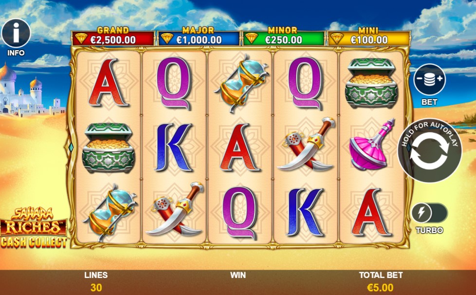 Sahara Riches Cash Collect slot reels by Playtech